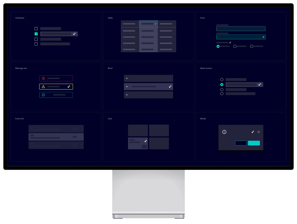 Grid of standard components, such as checkbox, table, form, and modal, each with an AI action