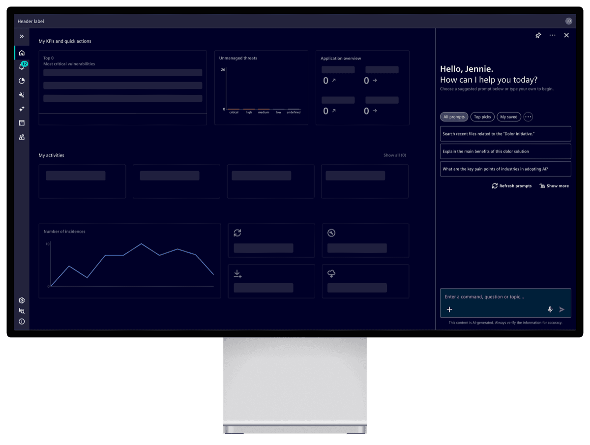 Product dashboard with a copilot side panel open on the right