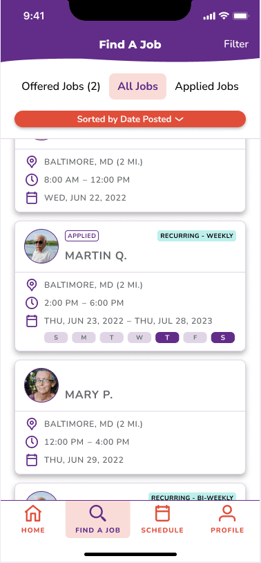 Find a Job screen listing available and applied jobs