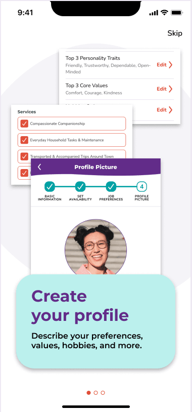 Onboarding screen inviting caregivers to create their profile