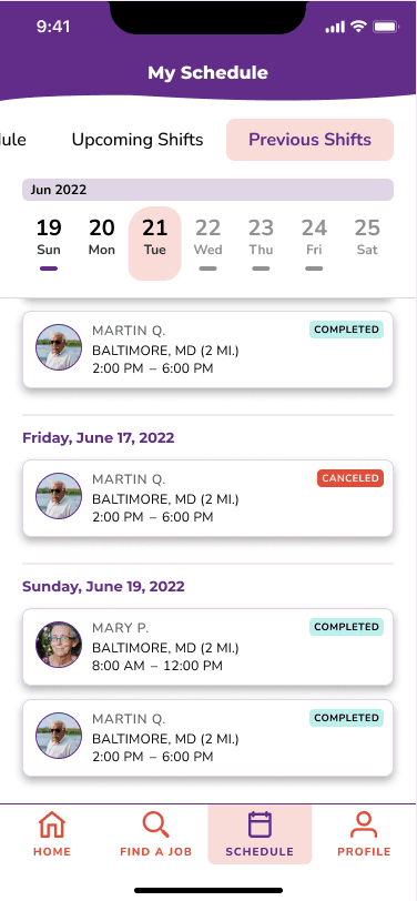My Schedule screen showing previous shifts