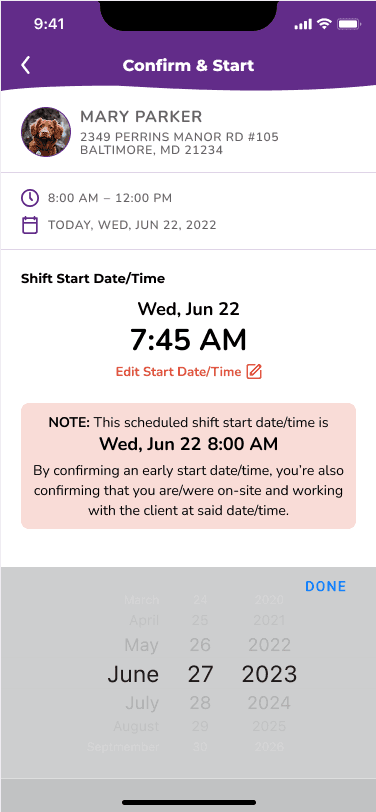 Confirm and start shift screen